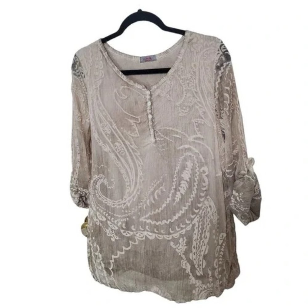 Scandal Made In Italy Small  100% Silk Tunic Embroidered Roll Tab Sleeve